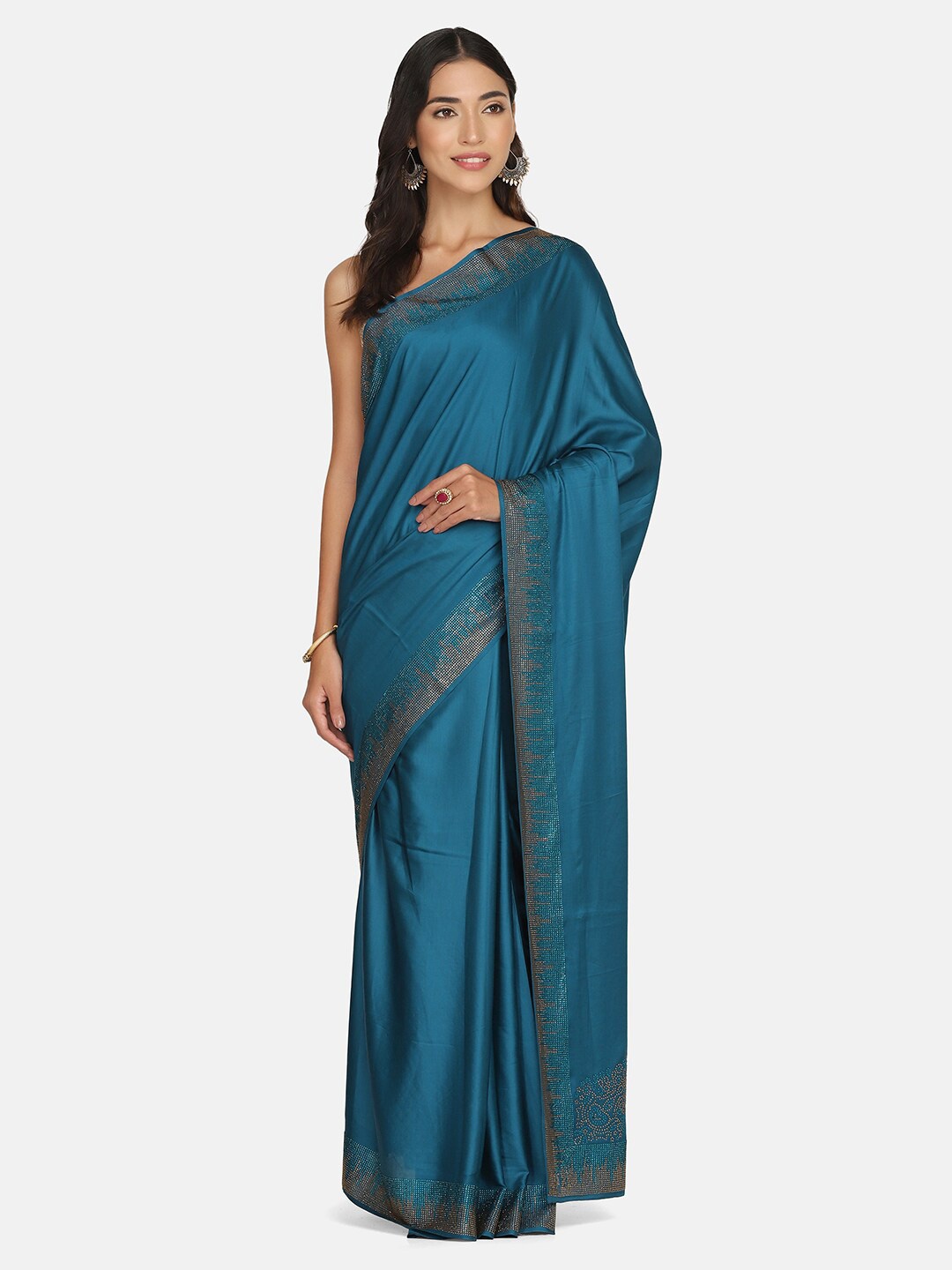 

BOMBAY SELECTIONS Blue & Silver-Toned Embellished Satin Saree