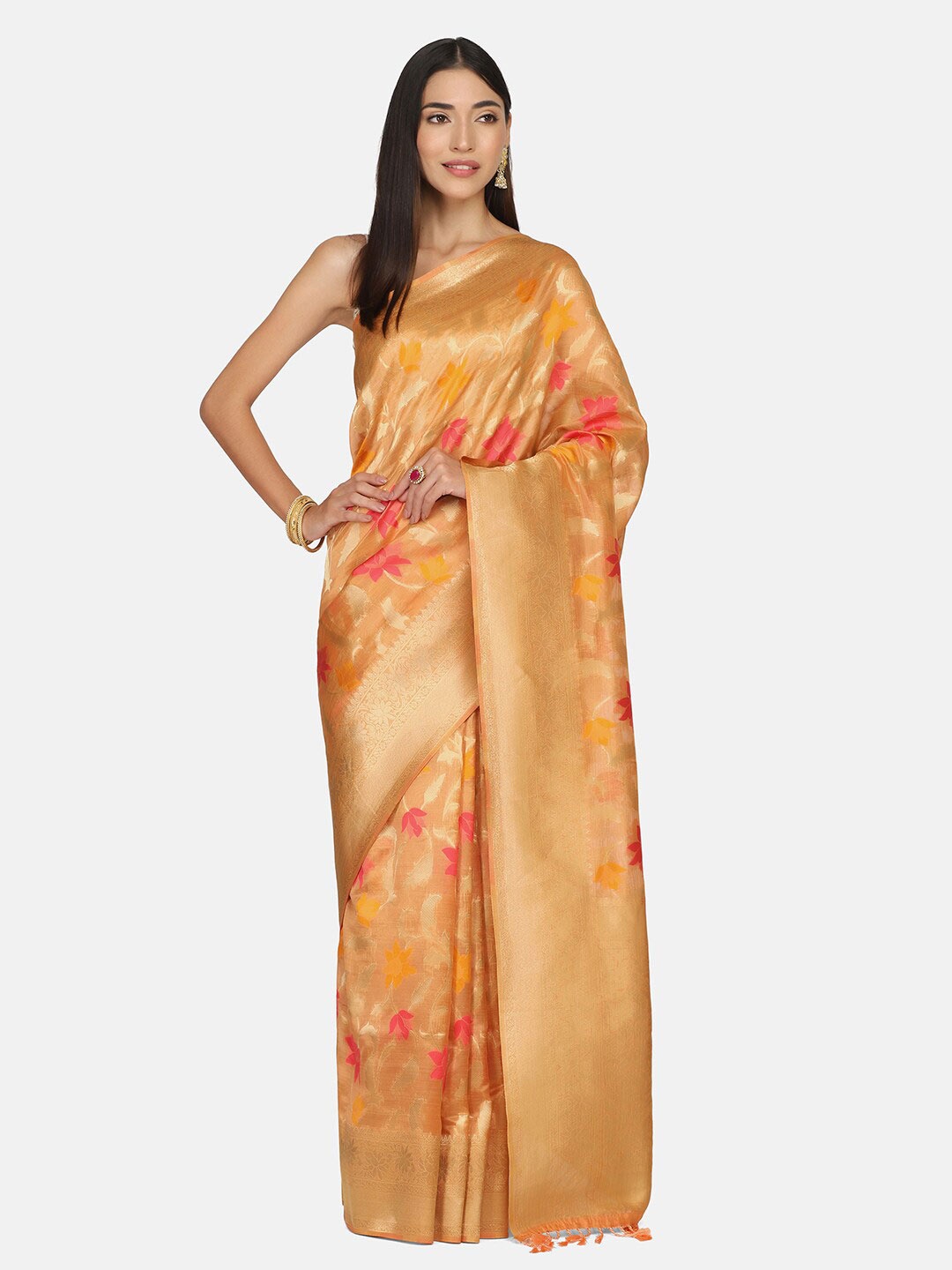 

BOMBAY SELECTIONS Peach-Coloured & Yellow Woven Design Zari Organza Banarasi Saree