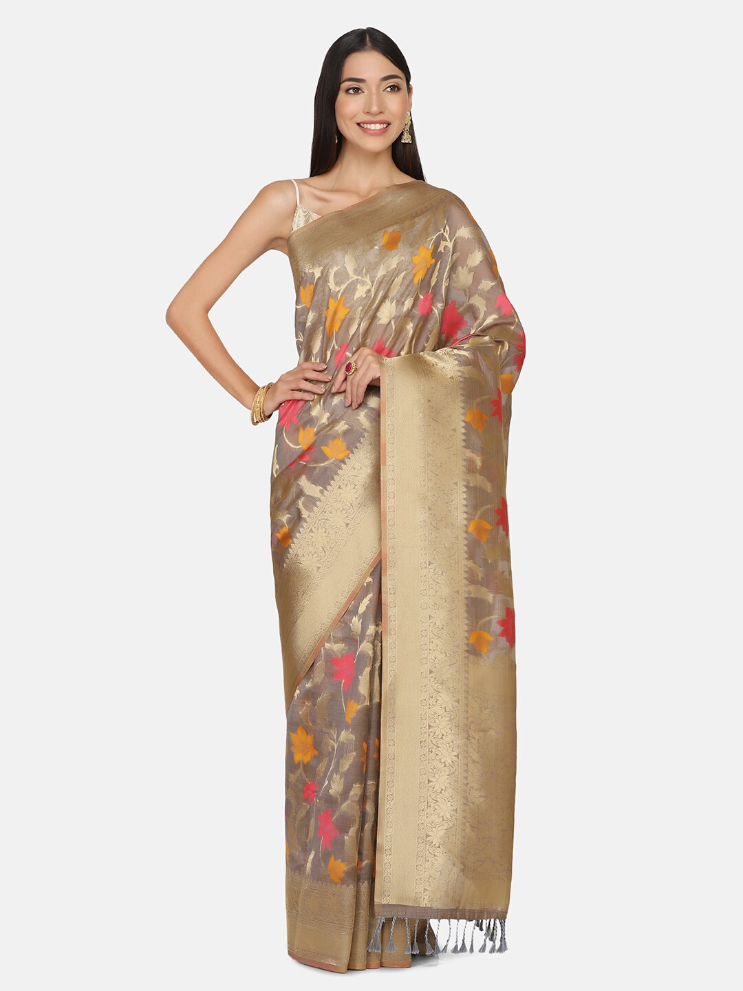 

BOMBAY SELECTIONS Grey & Orange Floral Zari Organza Banarasi Saree