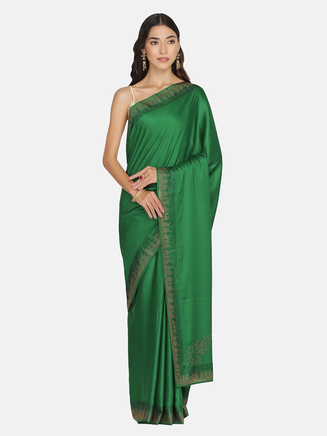 

BOMBAY SELECTIONS Green & Gold-Toned Beads and Stones Satin Saree