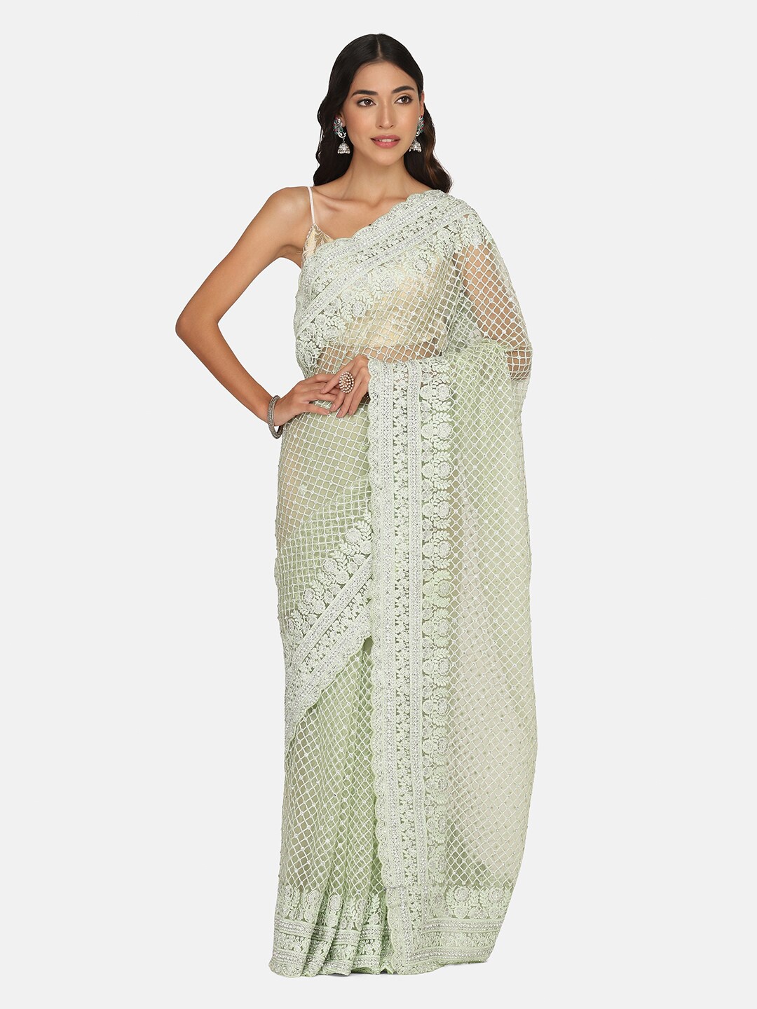 

BOMBAY SELECTIONS Sea Green & Silver-Toned Beads and Stones Net Saree