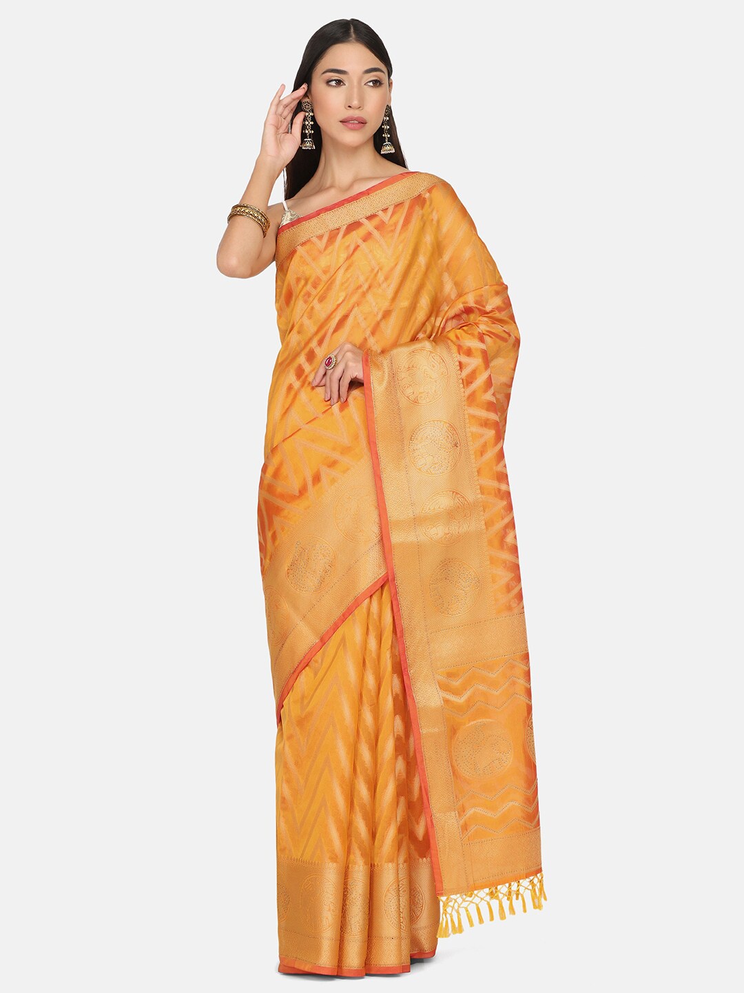 

BOMBAY SELECTIONS Yellow & Orange Woven Design Zari Organza Banarasi Saree