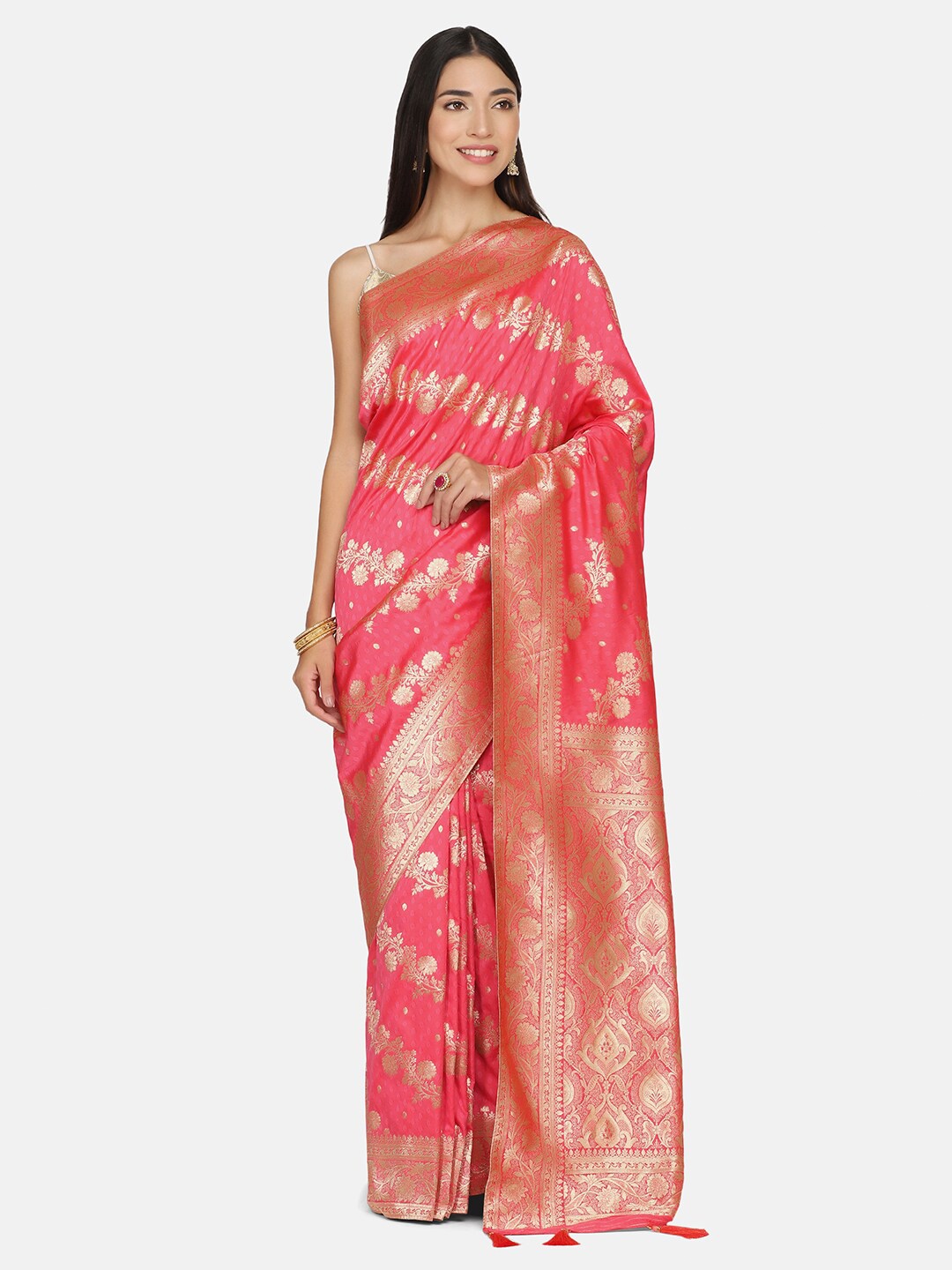 

BOMBAY SELECTIONS Pink & Gold-Toned Woven Design Zari Art Silk Banarasi Saree