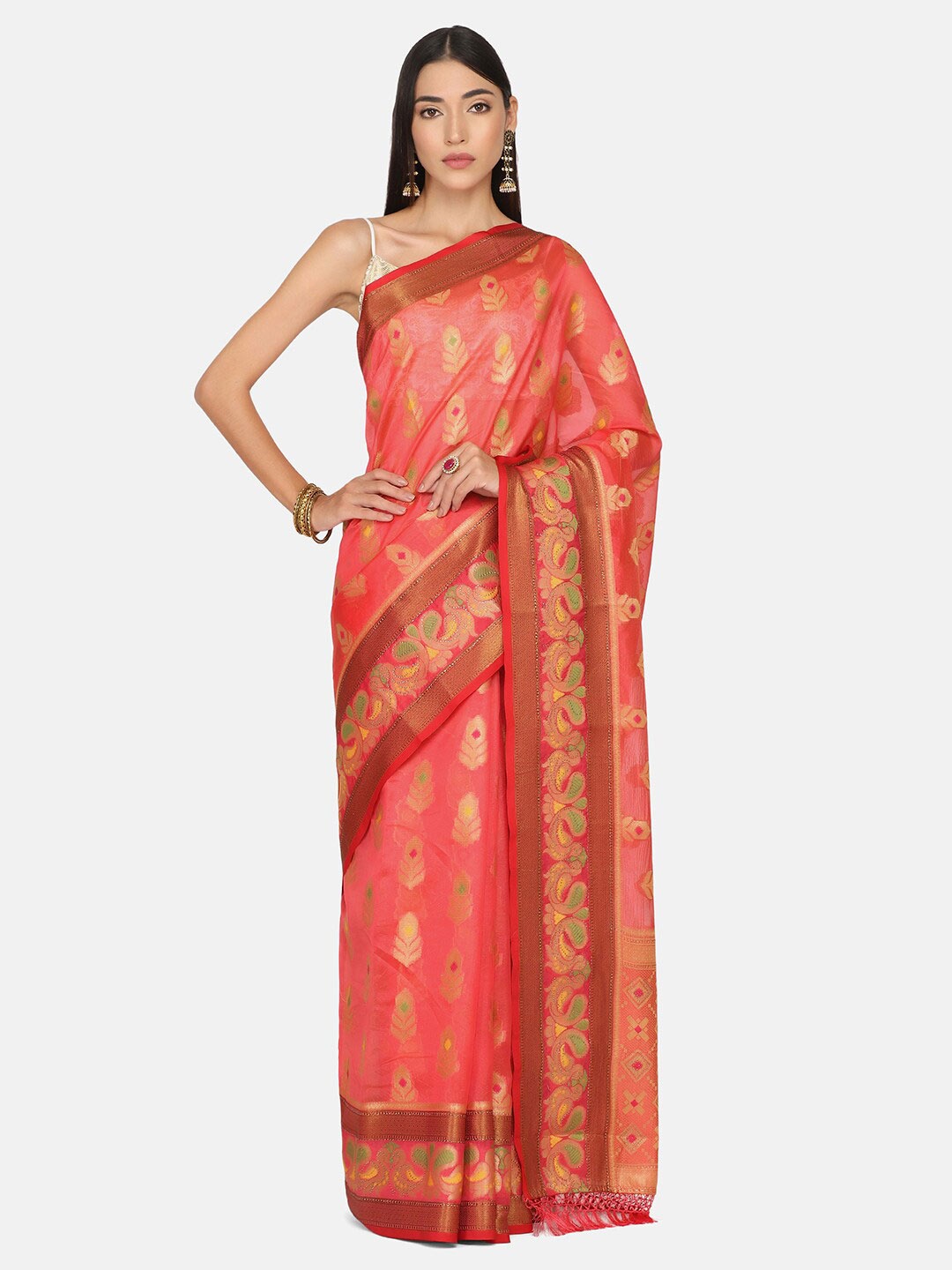 

BOMBAY SELECTIONS Pink & Green Woven Design Beads and Stones Organza Banarasi Saree