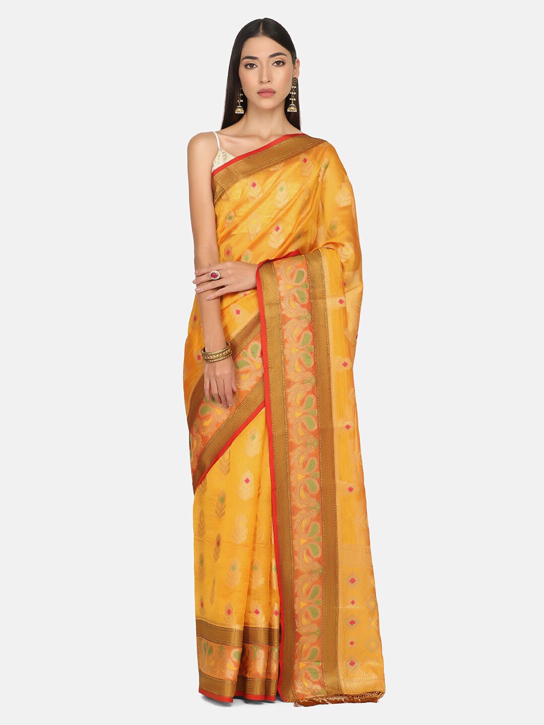 

BOMBAY SELECTIONS Yellow & Red Woven Design Beads and Stones Organza Banarasi Saree