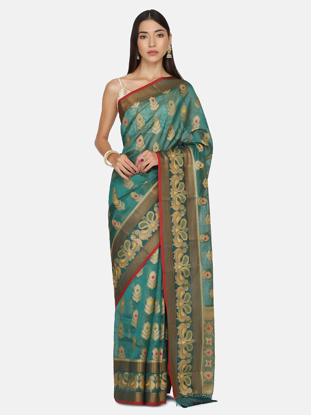 

BOMBAY SELECTIONS Green & Red Floral Beads and Stones Organza Banarasi Saree