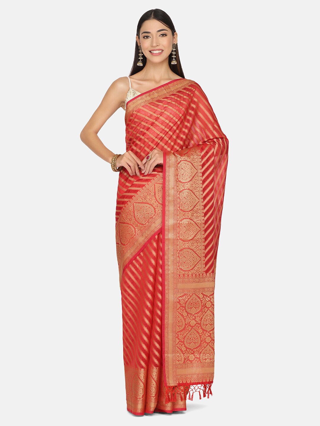 

BOMBAY SELECTIONS Red & Gold-Toned Woven Design Zari Organza Banarasi Saree