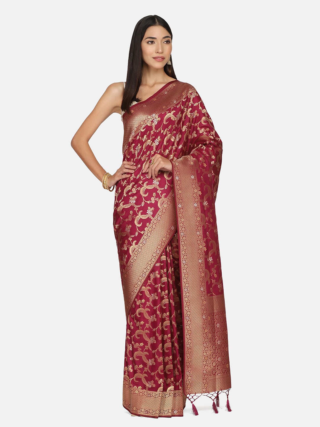 

BOMBAY SELECTIONS Purple & Gold-Toned Woven Design Zari Art Silk Banarasi Saree