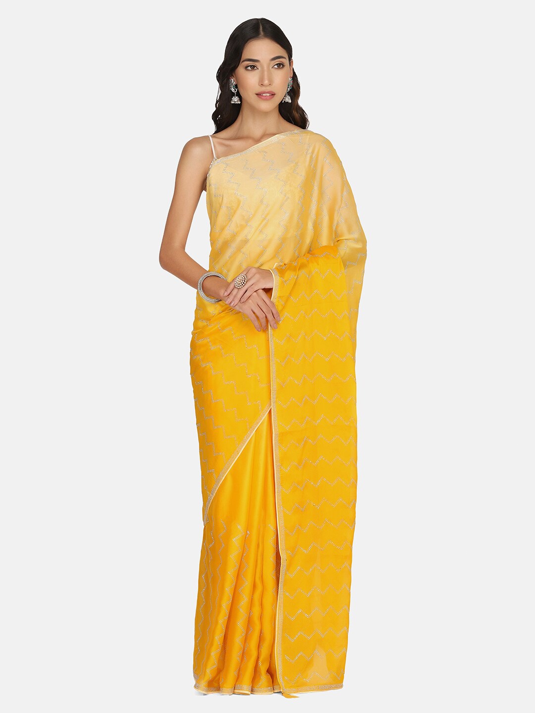 

BOMBAY SELECTIONS Yellow & Gold-Toned Embellished Beads and Stones Saree