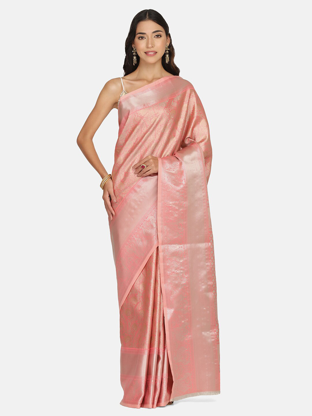 

BOMBAY SELECTIONS Pink & Silver-Toned Woven Design Zari Pure Silk Kanjeevaram Saree