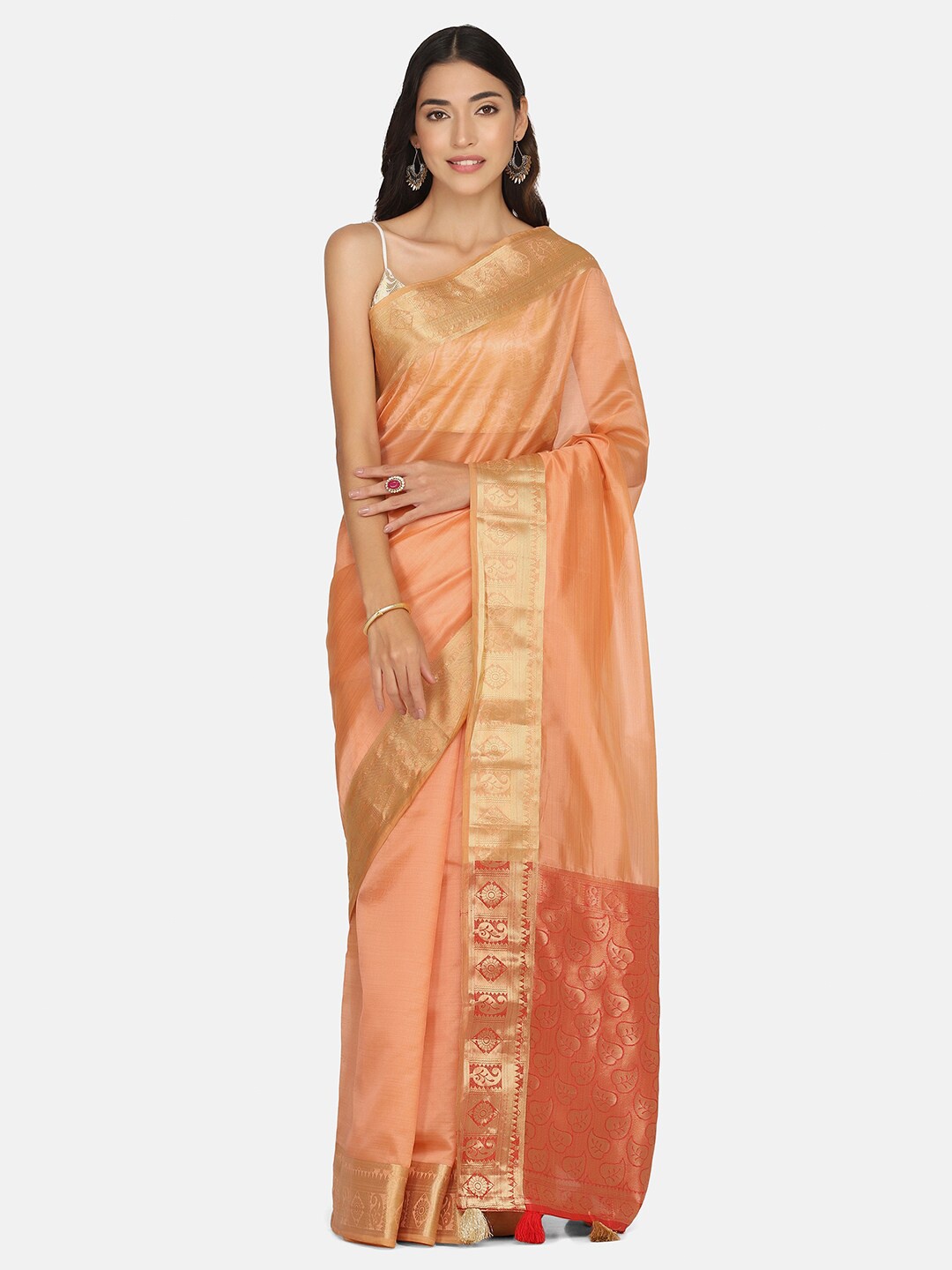 

BOMBAY SELECTIONS Peach-Coloured & Gold-Toned Zari Organza Banarasi Saree
