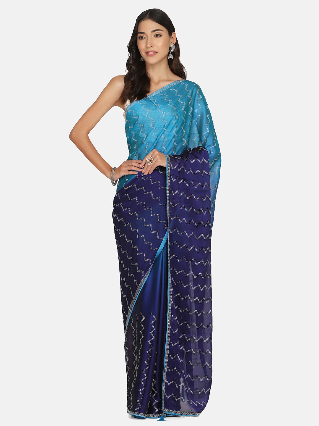 

BOMBAY SELECTIONS Blue & Silver-Toned Embellished Beads and Stones Saree