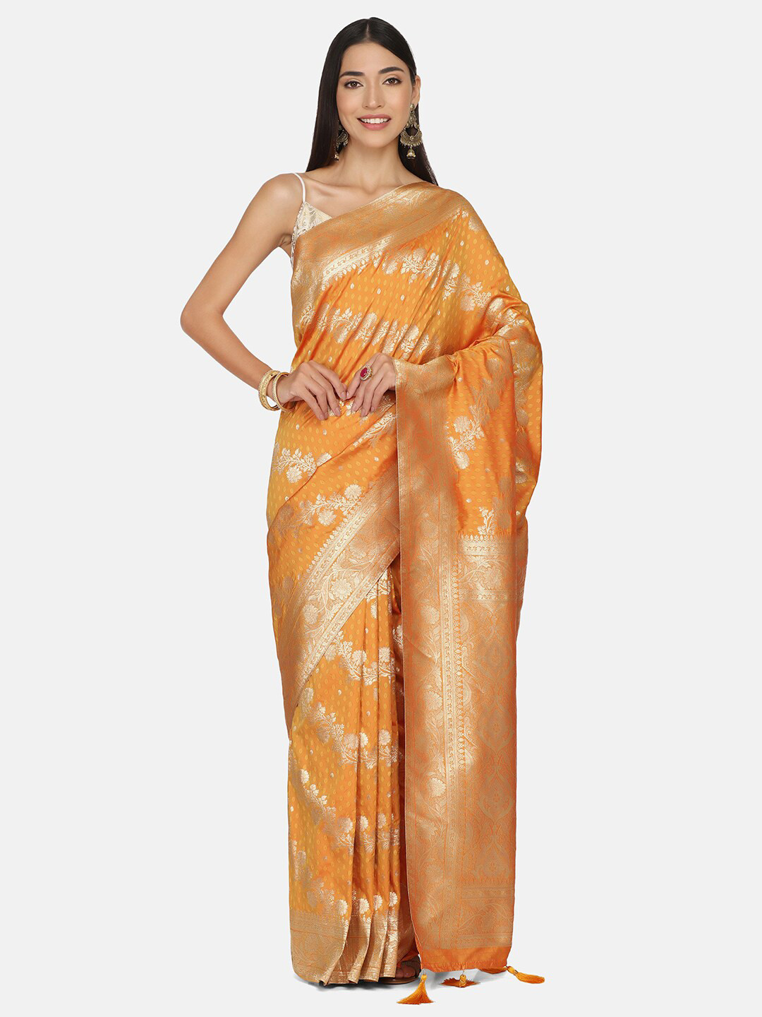 

BOMBAY SELECTIONS Yellow & Gold-Toned Woven Design Zari Art Silk Banarasi Saree