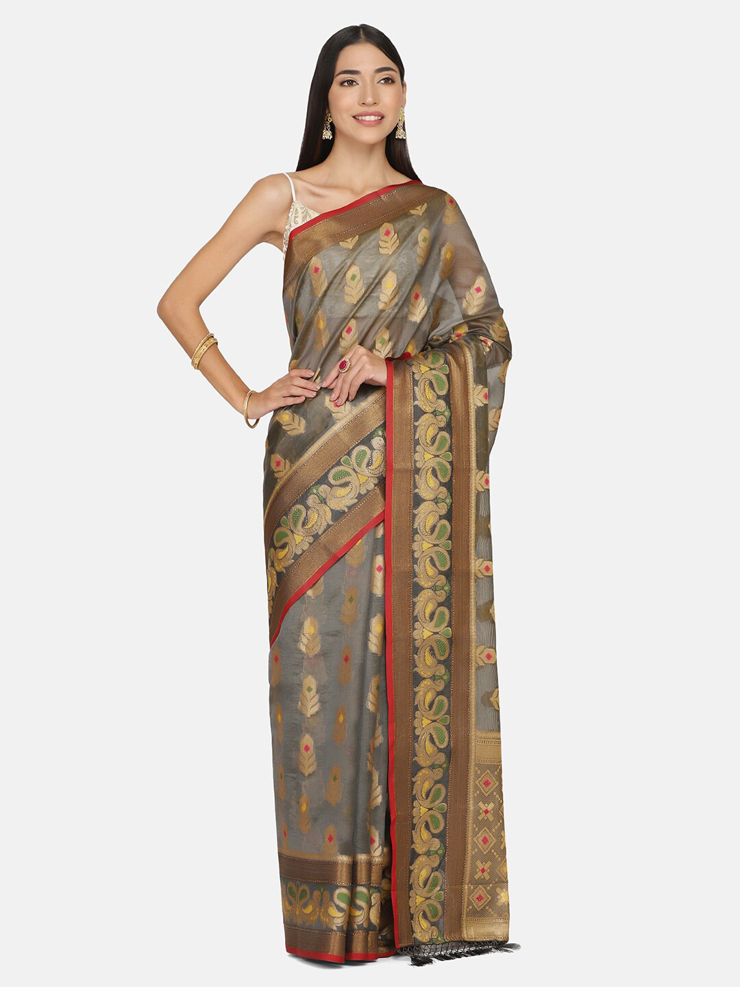 

BOMBAY SELECTIONS Grey & Red Woven Design Organza Banarasi Saree