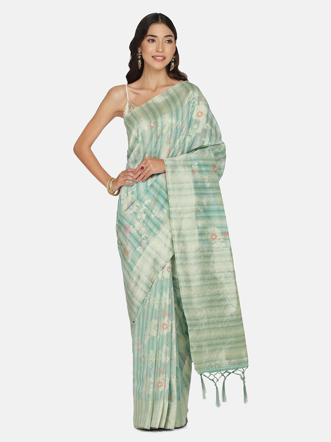 

BOMBAY SELECTIONS Sea Green & Silver-Toned Woven Design Zari Organza Banarasi Saree