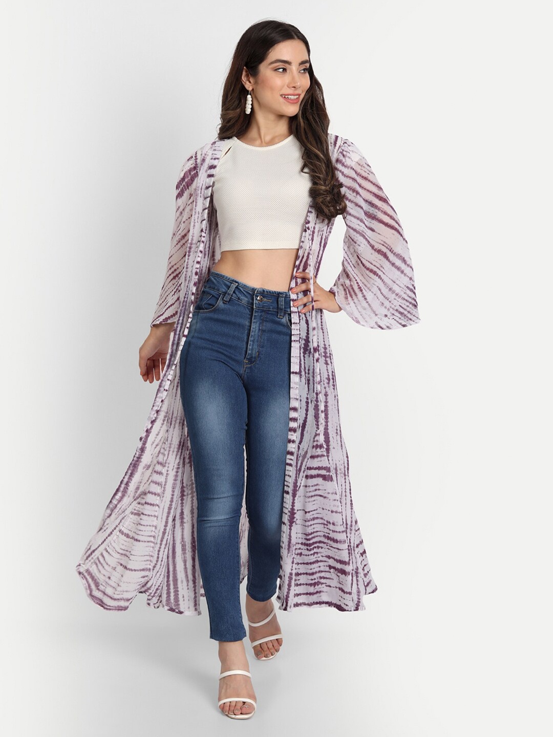 

Gufrina Women Purple & White Printed Longline Tie-Up Shrug