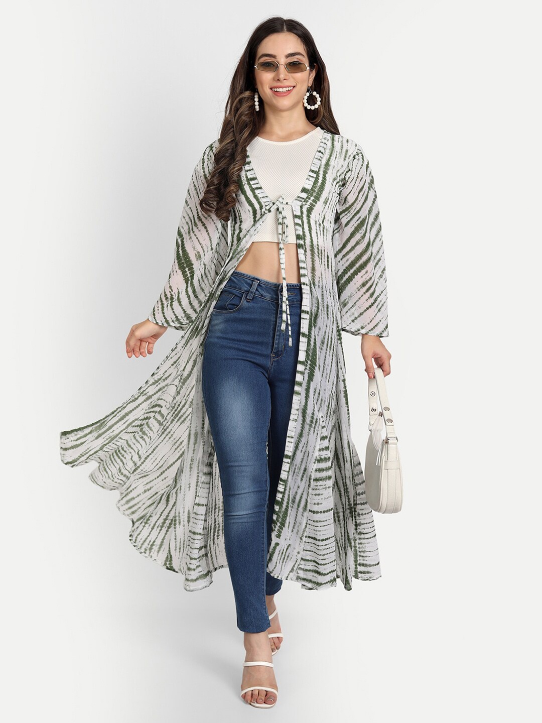 

Gufrina Women Green & White Printed Longline Tie-Up Shrug