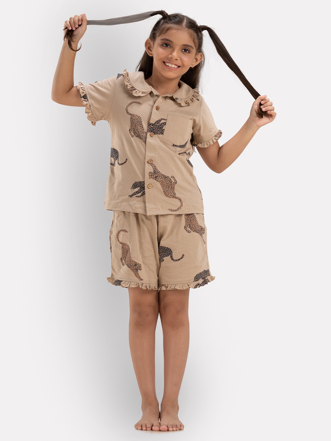 

Growing Tree Girls Gold-Toned & Black Printed Night suit