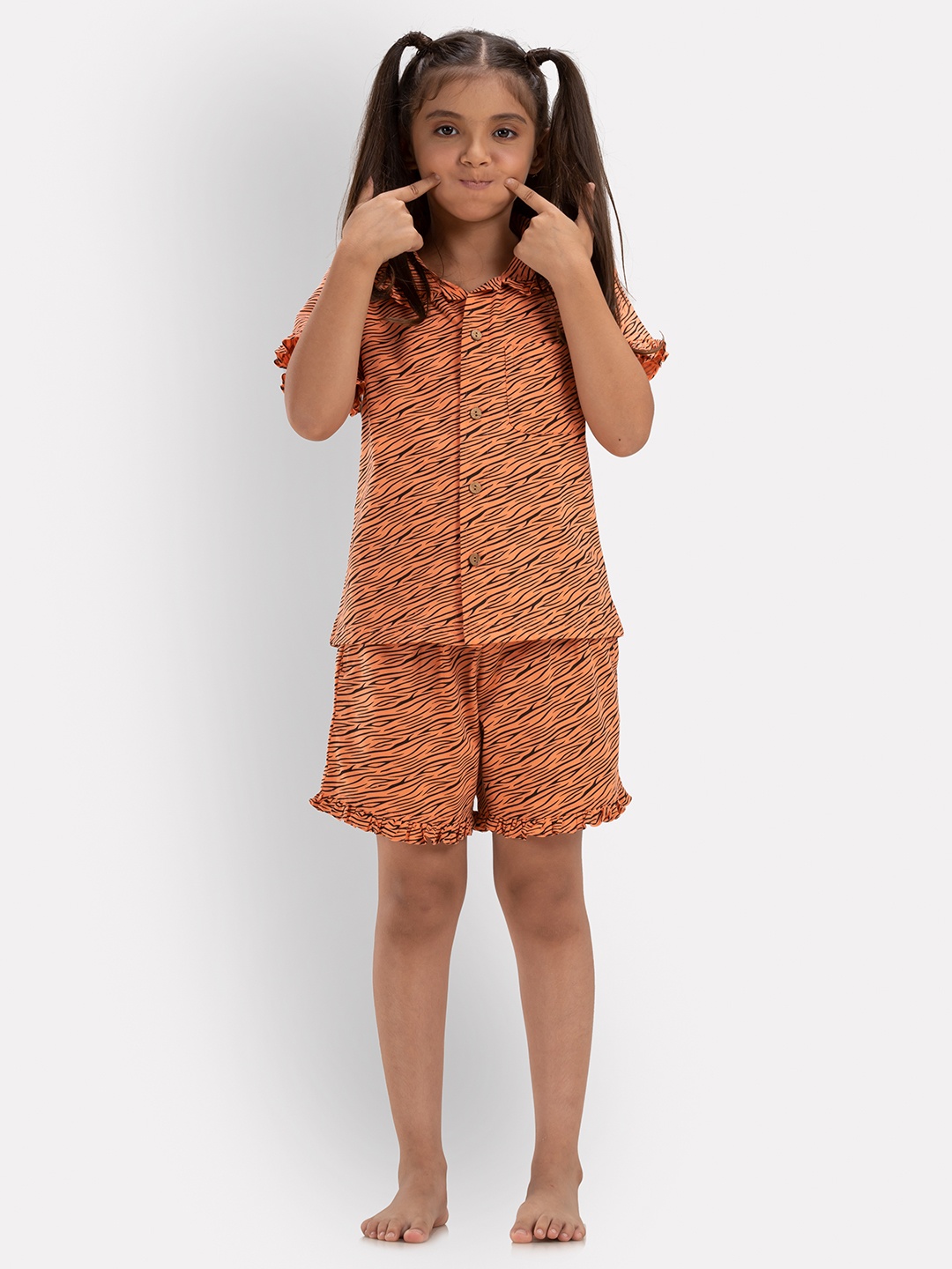 

Growing Tree Girls Orange & Black Printed Night Suit