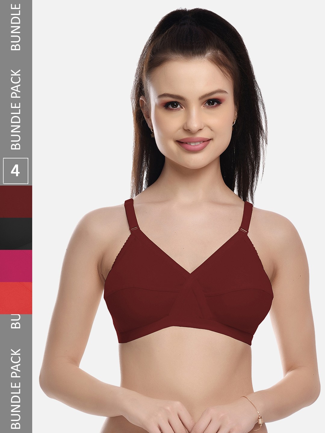 

FIMS Pack of 4 Cotton Blend Everyday Non-Padded Bra MTR_Cross_Bra_BlackPinkRedMaroon_B, Black