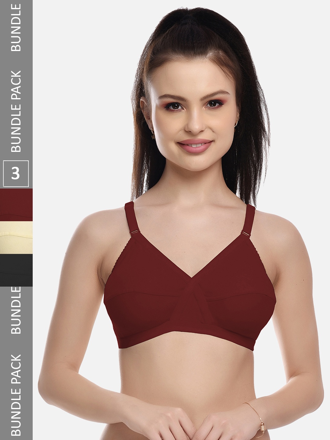 

FIMS Black & Maroon Pack of 3 Cotton Blend Non-Padded Bras MTR_Cross_Bra_