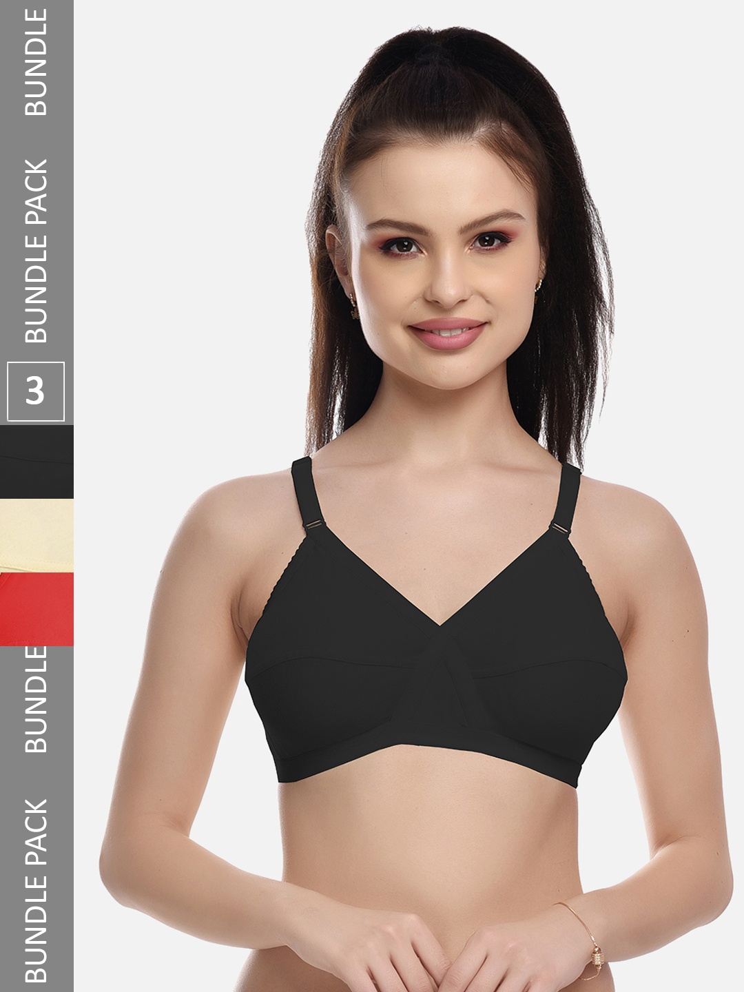 

FIMS Black & Beige Pack of 3 Cotton Blend Non-Padded Bras MTR_Cross_Bra_BlackBeigeRed_B