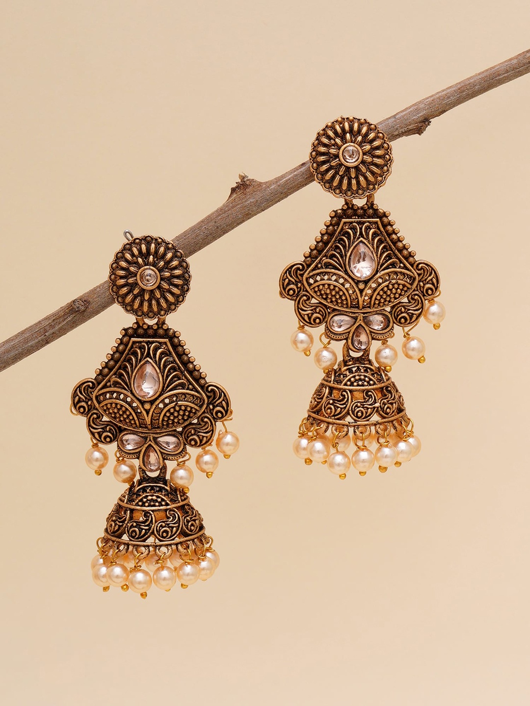 

KARATCART Gold-Plated & White Classic Kundan Jhumkas Earrings