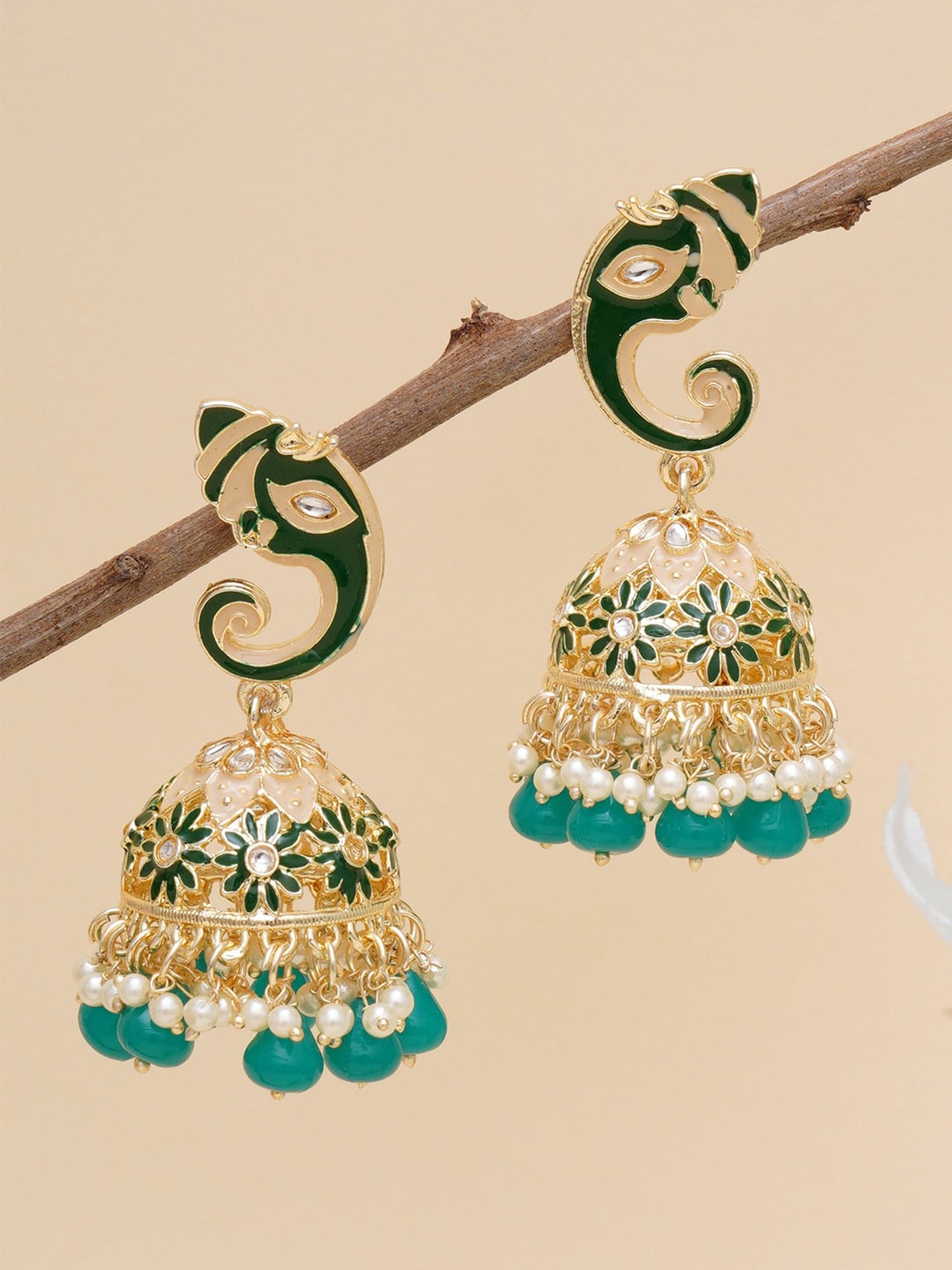

KARATCART Green & White Gold-Plated Classic Jhumkas Earrings