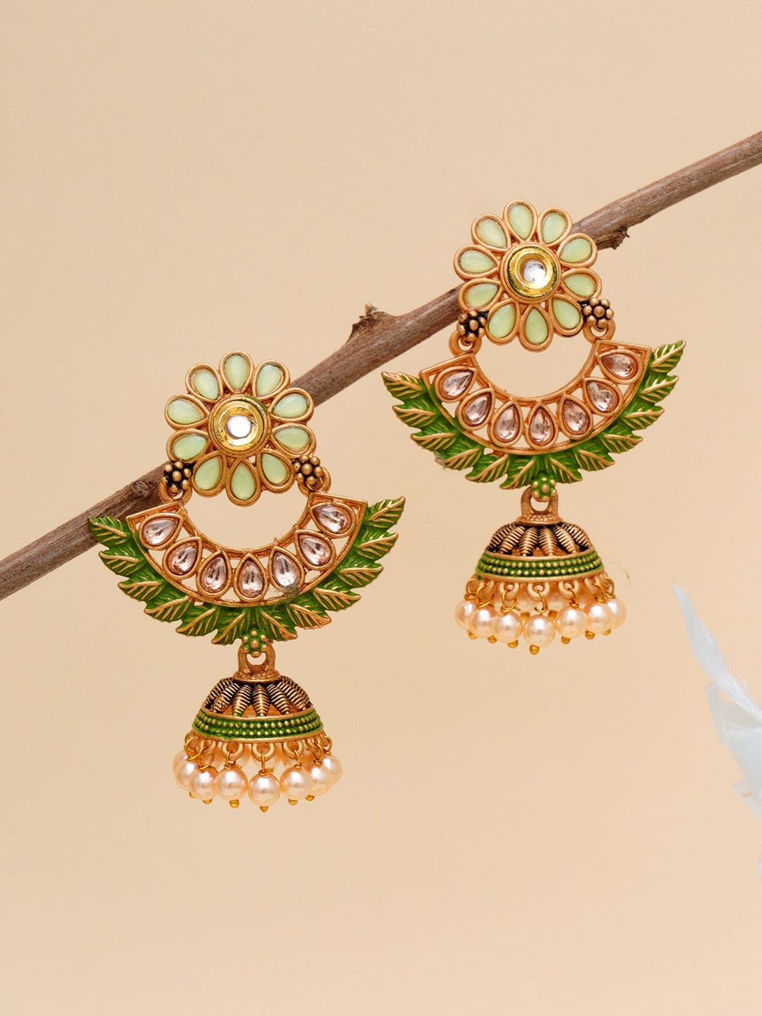 

KARATCART Green & Gold-Plated Classic Jhumkas Earrings