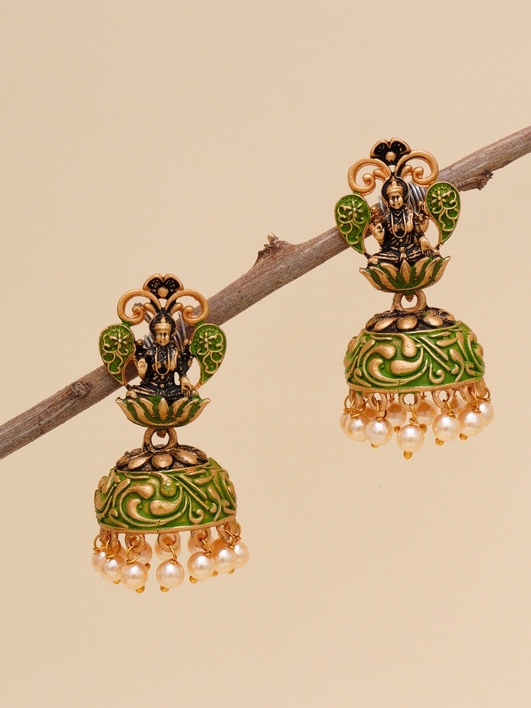 

KARATCART Lime Green & White Gold-Toned Mata Laxmi Classic Jhumkas Earrings