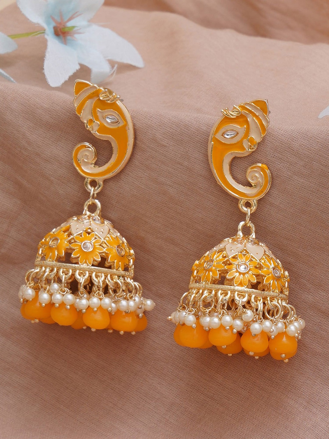 

KARATCART Yellow & Gold-Plated Lord Ganesha Classic Jhumkas Earrings