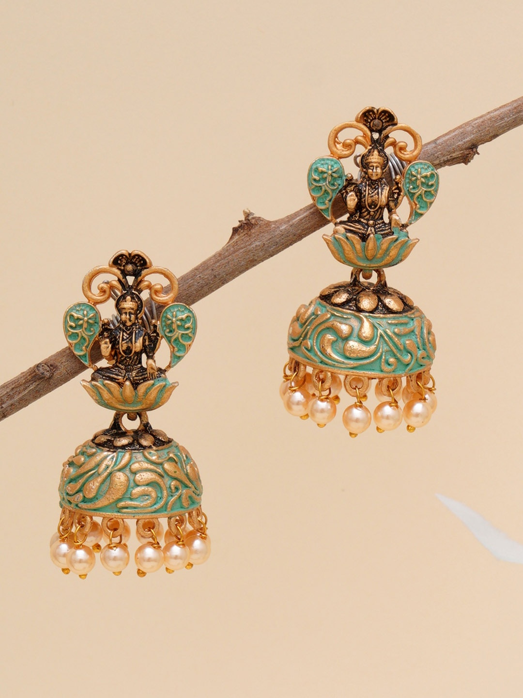 

KARATCART Green & White Gold-Plated Mata Laxmi Classic Jhumkas Earrings