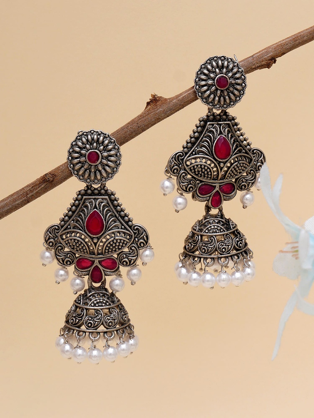 

KARATCART Red & White Silver-Plated Classic Long Jhumkas Earrings