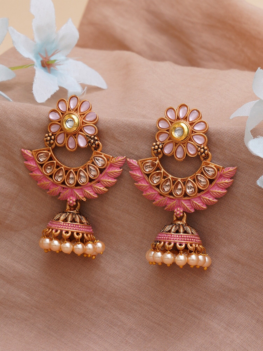 

KARATCART Pink & Gold-Plated Classic Jhumkas Earrings