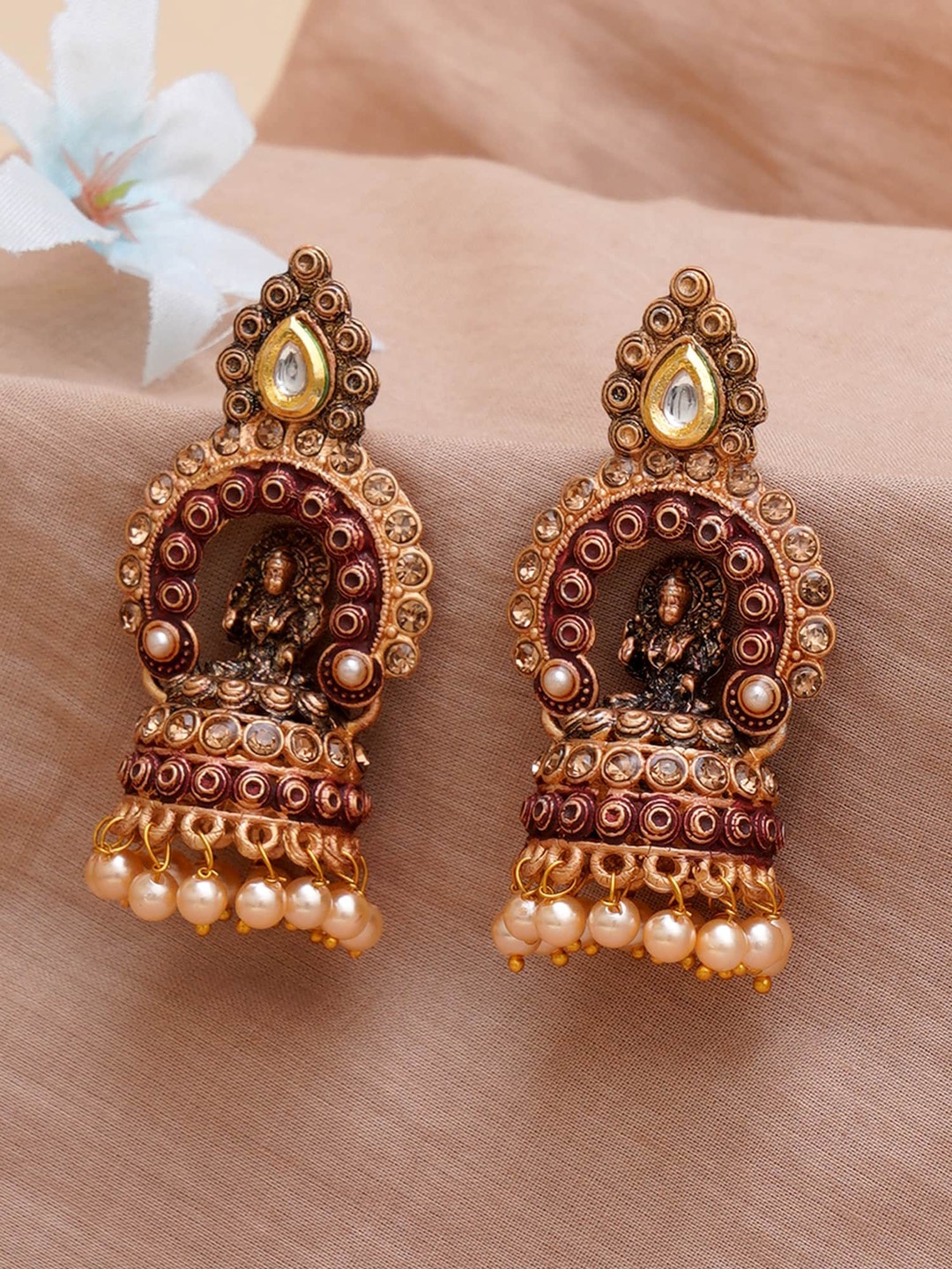 

KARATCART Gold-Plated & Maroon Mata Laxmi Jhumkas Earrings