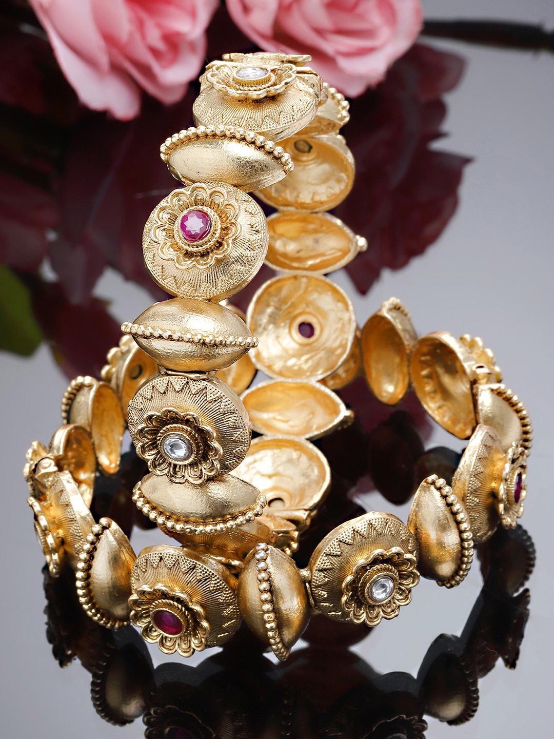 

KARATCART Set Of 2 Gold-Plated Pink & White Kundan Floral Rajwadi Bangles