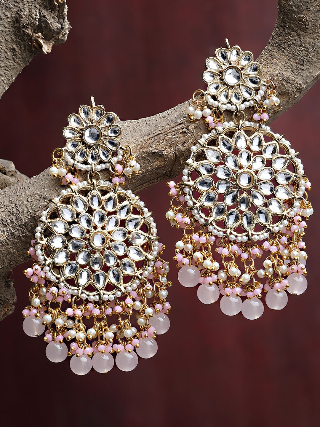 

KARATCART Pink & White Gold Plated Kundan Drop Earrings