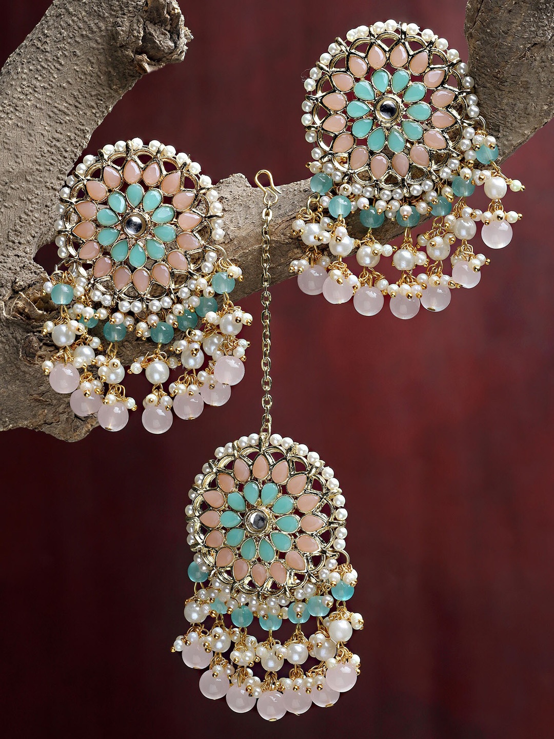 

KARATCART Gold-Plated Pink & Blue Kundan Studded & Beaded Handcrafted Jewellery Set