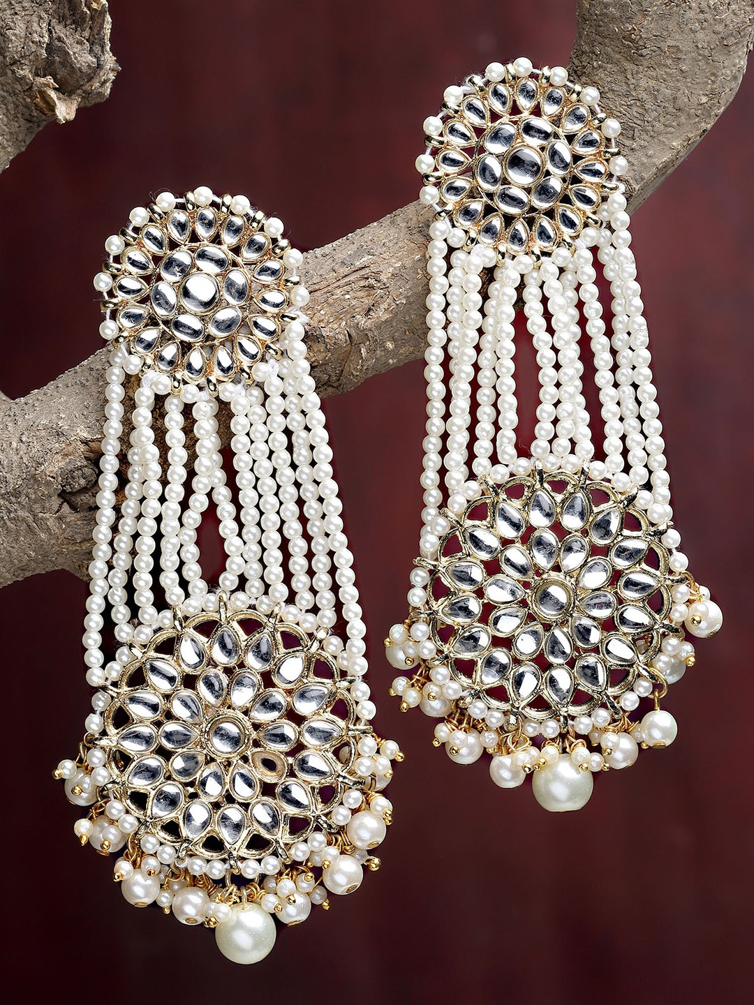 

KARATCART Gold-Plated & White Pearl Beaded Kundan Classic Drop Earrings