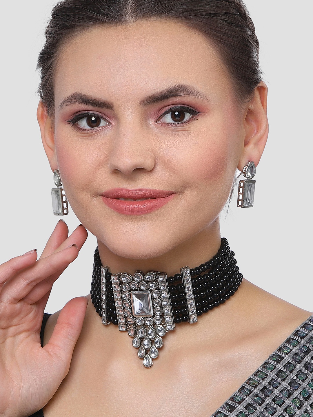 

KARATCART Silver Plated Black Beaded Jewellery Set