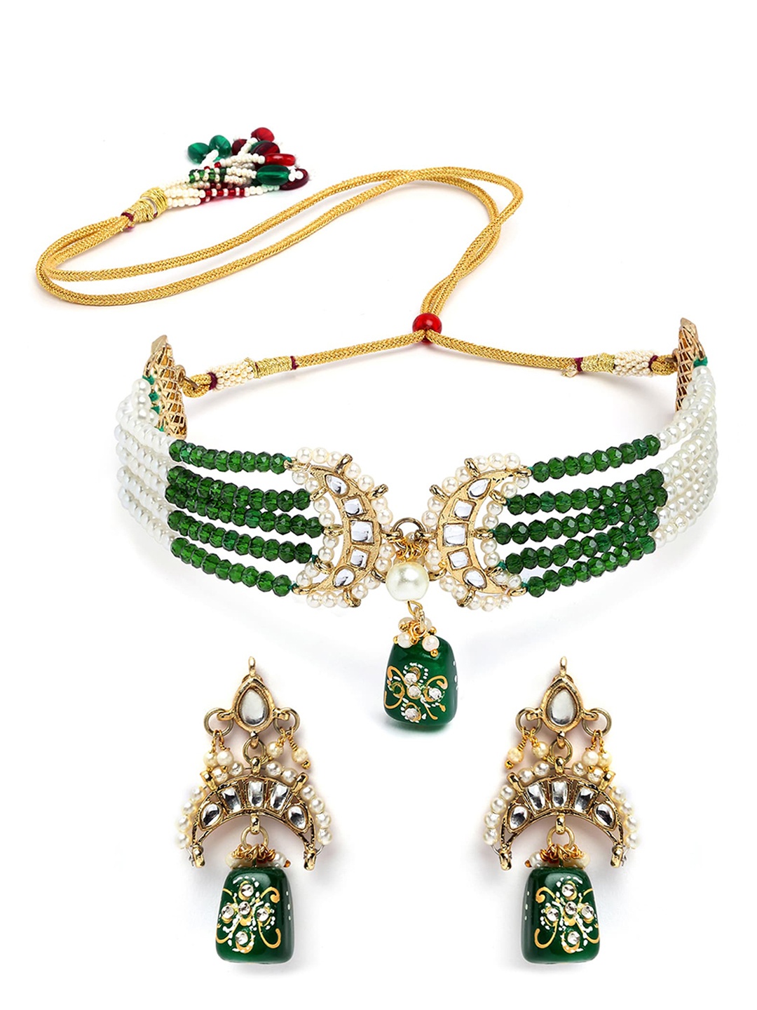 

KARATCART Gold-Plated Green & White Kundan-Beaded Jewellery Set