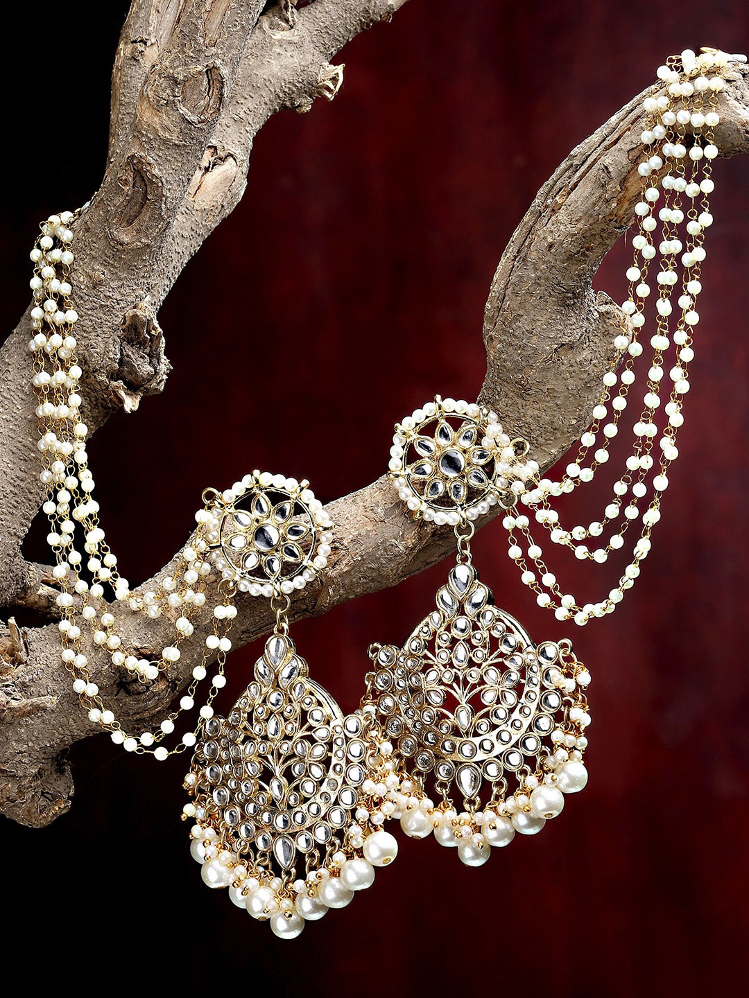 

KARATCART Gold-Plated & White Pearl Beaded Kundan Classic Chandbali Earrings