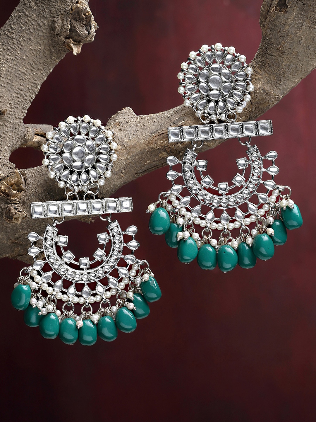 

KARATCART Green & White Silver-Plated Kundan Classic Drop Earrings