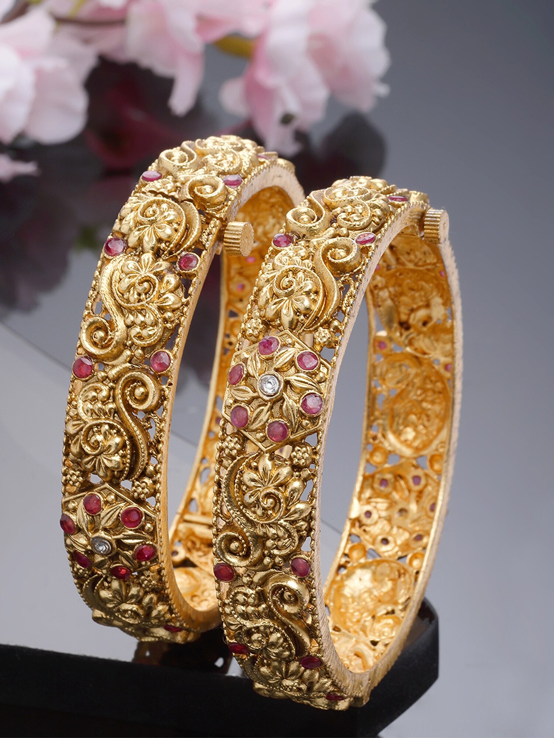 

KARATCART Set Of 2 Gold-Plated & Red Stone-Studded Rajwadi Temple Bangles
