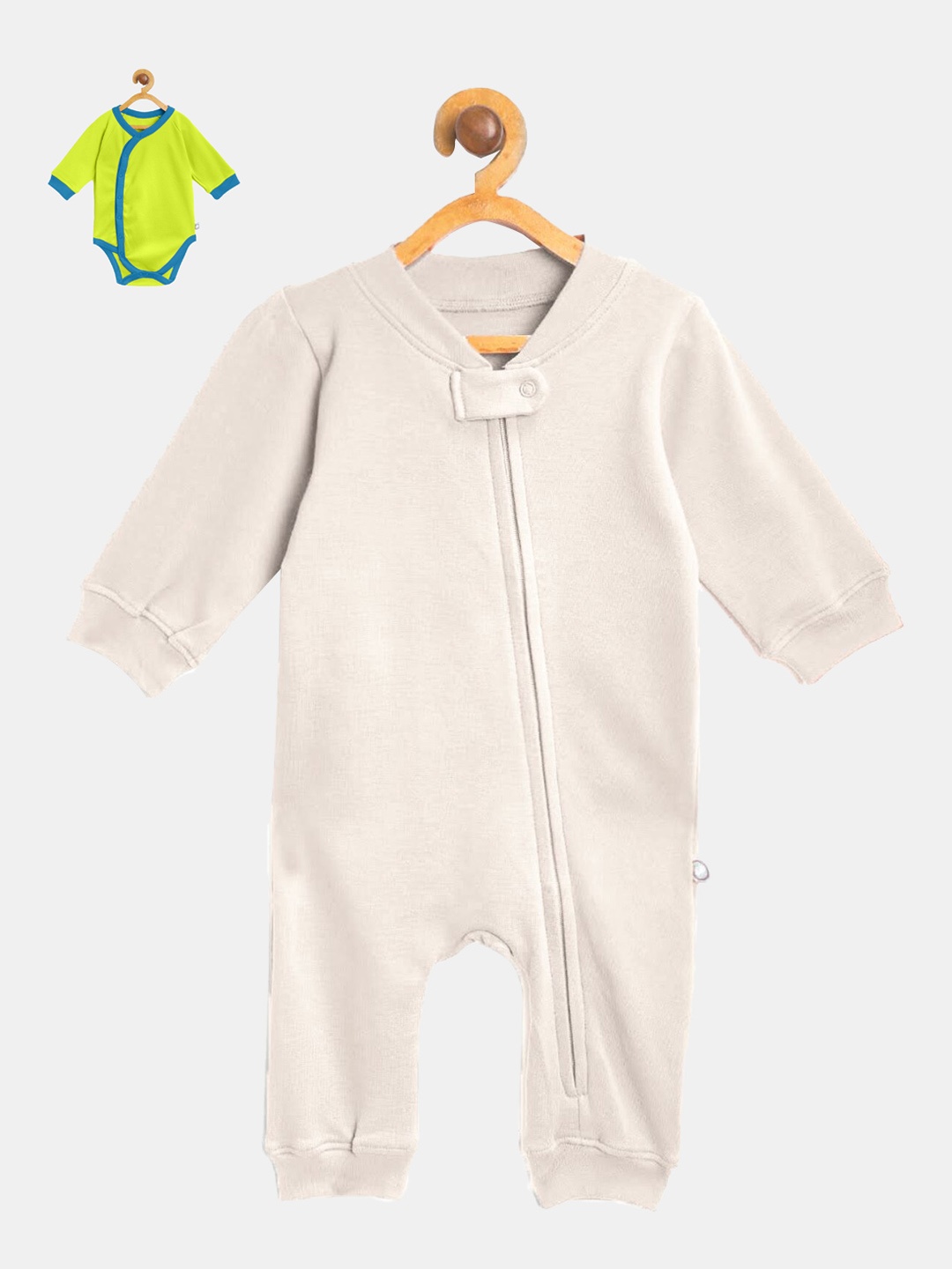 

cherrytoes Kids Cream & Green Set Of 2 Solid Cotton Bodysuit