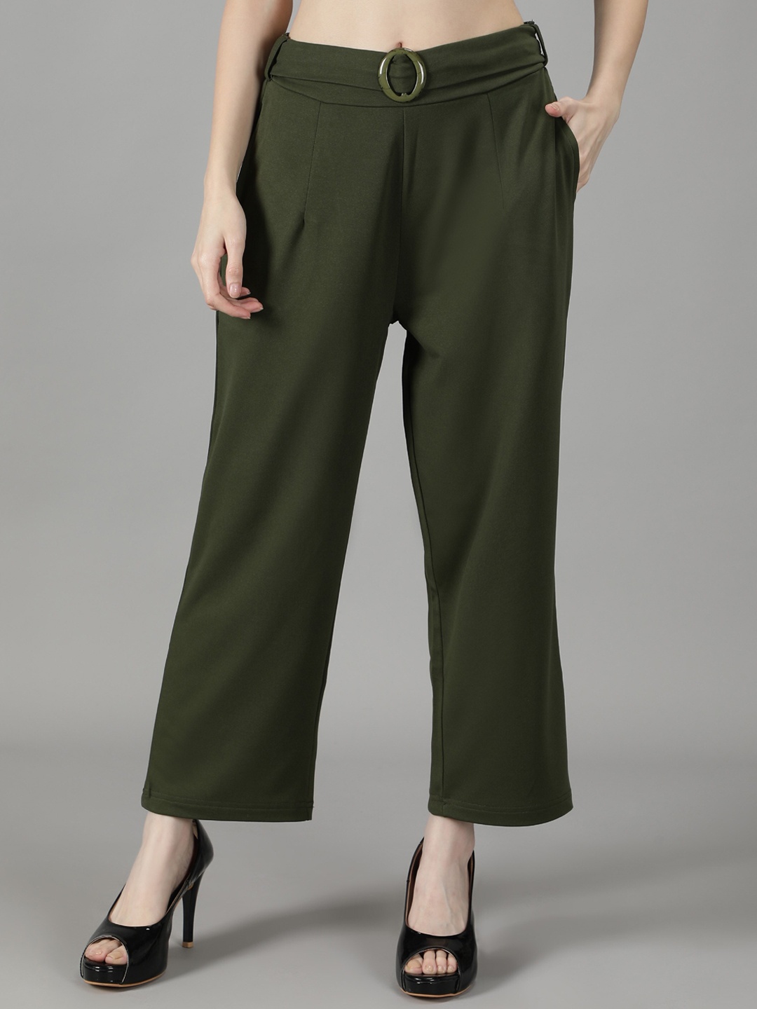 

Sonex Gold Women Olive Green Relaxed Straight Leg Loose Fit Pleated Trousers