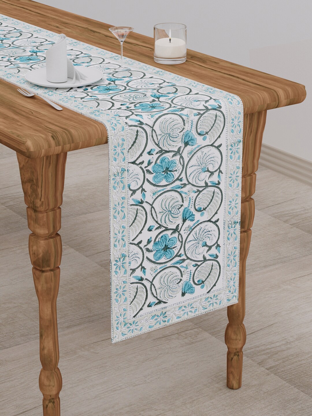 

Gulaab Jaipur White & Blue Handblock Printed Cotton Table Runners