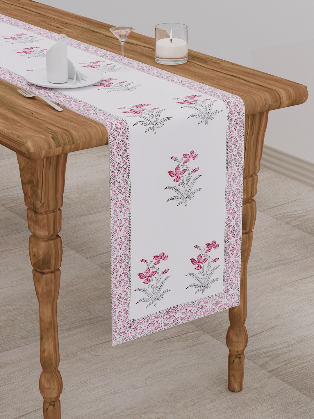 

Gulaab Jaipur White & Pink Floral Printed Table Runner
