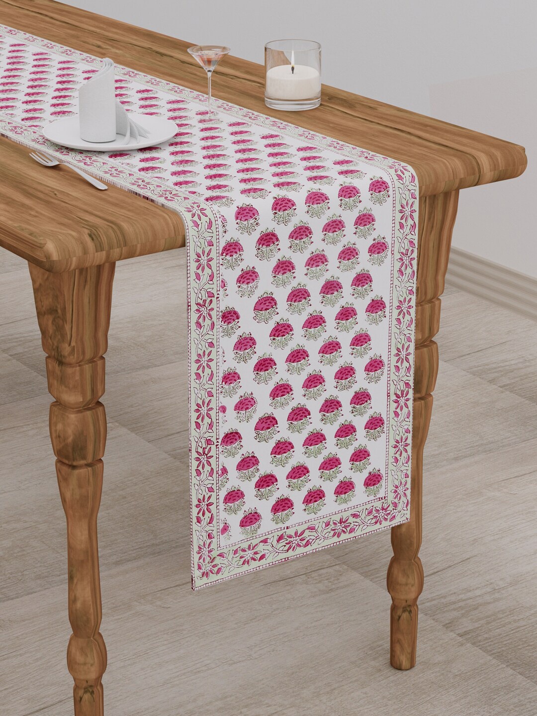 

Gulaab Jaipur White & Red Floral Block Printed Pure Cotton Table Runners
