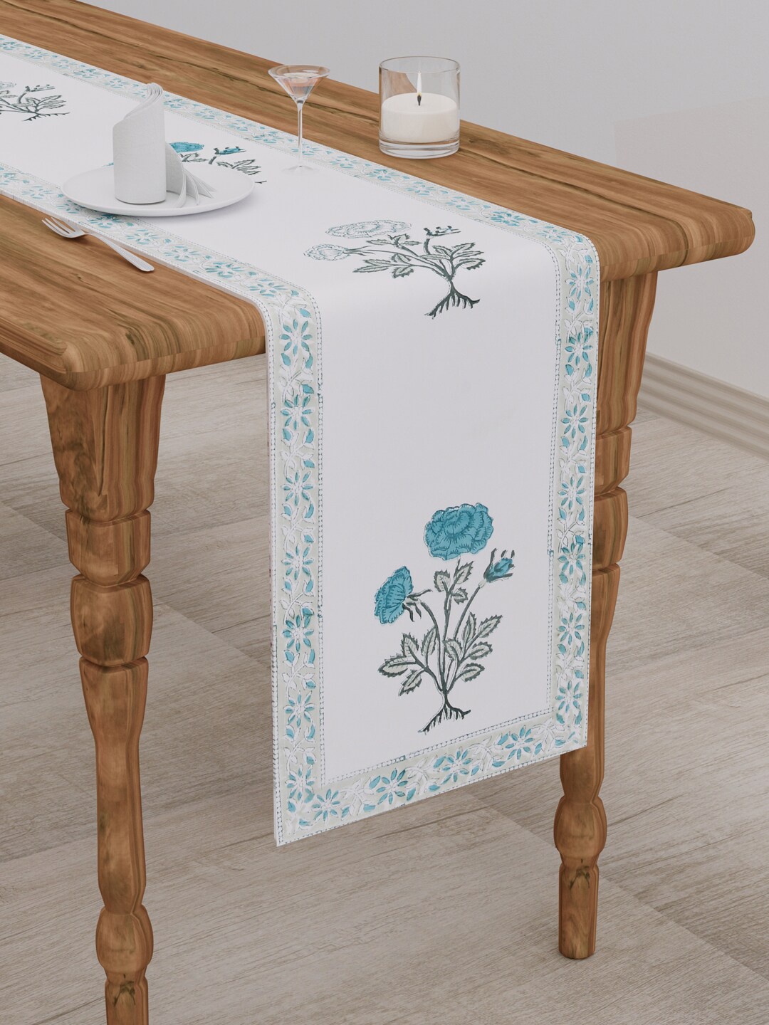 

Gulaab Jaipur White & Blue Floral Printed Table Runner